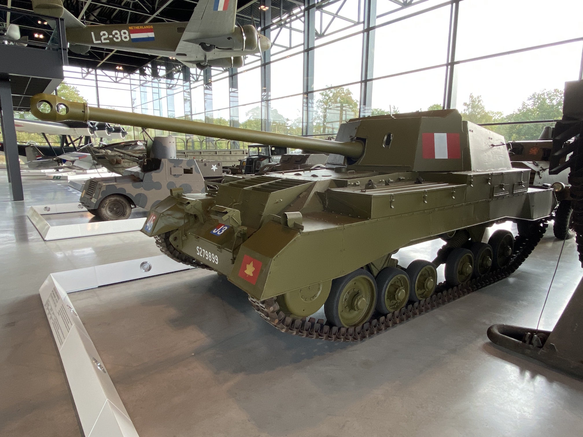 An Archer in the National
          Military Museum of the Netherlands. It is in a hangar-like room with
          large windows, and is painted green, with its gun elevated over the
          rear engine deck.